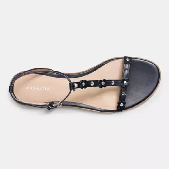 Coach Henriette Floral Rivets Flat Sandals | Navy Leather with Die-Cut Appliqués - Picture 2 of 10
